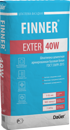 Шпатлевка цементная армированная базовая белая 180/7,0/F50 FINNER® EXTER 40W